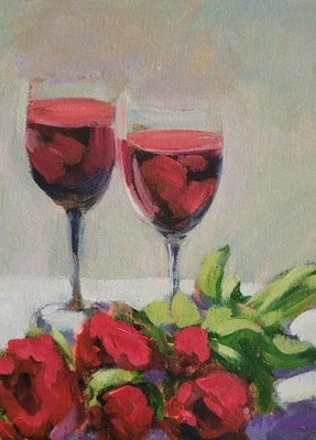 Pintura Artística Impresionismo Cocina Rosas Bar Vino MONA VIVAR Original 12x9 Foto 1 de 4