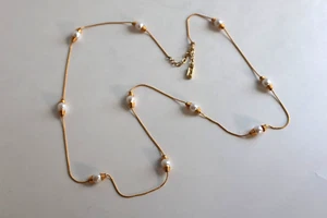 Vintage GWEN Yellow Gold Plated Chain & Faux Pearl 30" Long Necklace - Picture 1 of 4
