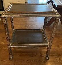 Vintage Wood & Ratton Two Tier Accent Side Table Lotus Carvings 24"