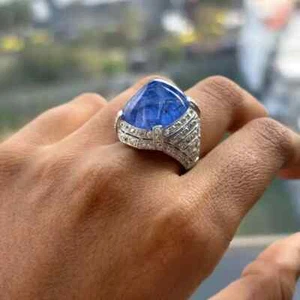 Simulated 27.30TCW Cabochon Tanzanite & Round Sapphire Art Deco Men's Groom Ring - Picture 1 of 8