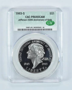 1993-S Thomas Jefferson Commemorative Silver Dollar PR69 DCAM CAC - Picture 1 of 5