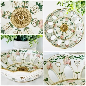 Vintage Maitland Smith Ceramic Basket Bowl, Handed Painted Floral Design 8” - Picture 1 of 4