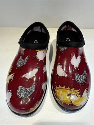 Sloggers Clog Slip-On Shoes Chicken and Roosters Burgundy  Womens Size 6 NWOT - Image 1 of 4