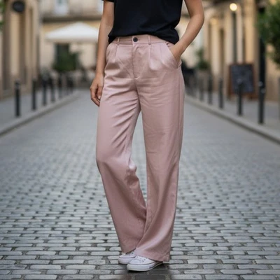 Pantalón Rosa Plisado Pierna Ancha Boho Preppy Recto Negocios Informal Pantalón L Grande Foto 1 de 4