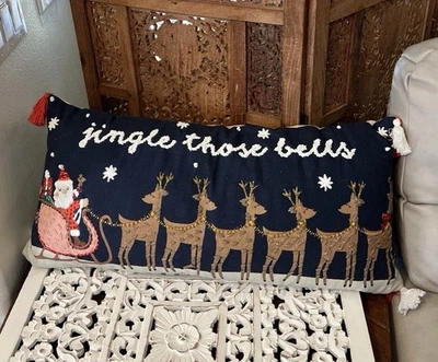 Dark Denim Christmas Pillow Embroidered Santa Reindeer Large Long Cushion 26x12 - Image 1 of 4