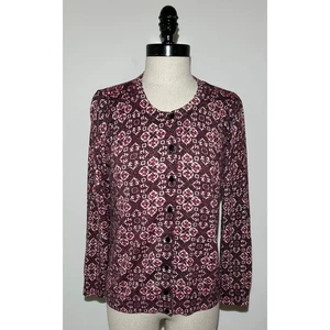 TALBOTS Petites Red Floral Sparkly Cardigan Sweater Lightweight Womens LP - Picture 1 of 5