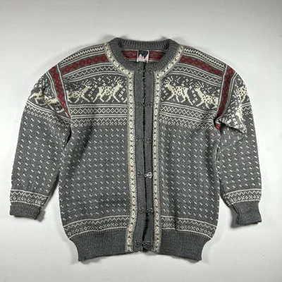 Vintage 90s Dale Of Norway Cardigan Wool Reindeer Moose Sweater Gray Mens Large - Image 1 of 4