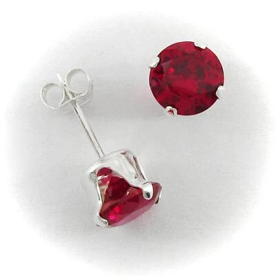 6mm Rotondo Cz Post Bottone Orecchini IN Argento Sterling, Rosso Rubino - Nuovo - Immagine 1 di 4