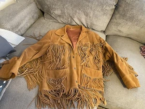 Southwestern braune warme Leder Wildleder Fransen Westernkleidung Cowboyjacke Mantel - Bild 1 von 12