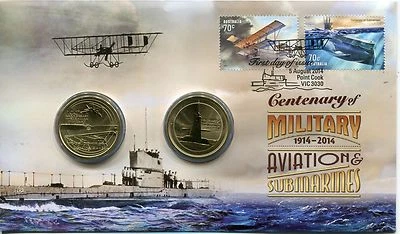 2014 Military Aviation & Submarines FDC/PNC With 2 Limited Edition $1 Coins Foto 1 de 3