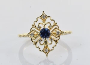 Ornate Sapphire and Diamond Filigree Ring in 14k Yellow Gold .23 Carats Size 6.5 - Picture 1 of 4