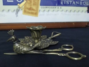 Tijeras Y Candelabro Latón, Herramientas Antiguas Pájaro Figura Decoración - Imagen 1 de 8