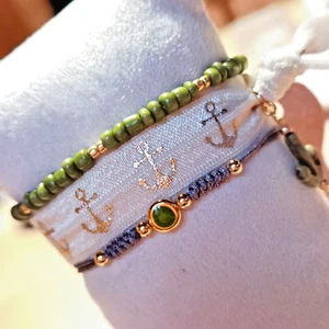 Makramee Armband Set 3-teilig / Grün - Gold Grau vergoldet 18K Rocailles Anker - Bild 1 von 11