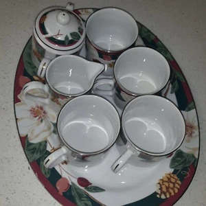 Vintage Tienshan Magnolia 4 Cups, Creamer, Sugar Bowl and 14inch oval Serving pl - Picture 1 of 11
