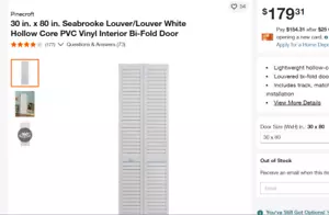 Seabrook 30 X 80 White Louver Hollow Core PVC Vinyl Bi-Fold Door - Picture 1 of 2