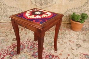 Vintage Wooden Stool Ottoman Boho Embroidered Seat Accent Side Table - Picture 1 of 4