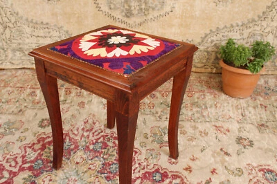 Vintage Wooden Stool Ottoman Boho Embroidered Seat Accent Side Table - Image 1 of 4