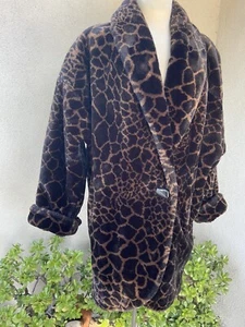 Vtg Mob Wife Style Jacket Coat faux fur  black brown Animal Leopard Print Large - Picture 1 of 11