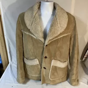 Sears Western Wear Suede Faux Sherling Lined Mens Coat Beige Large Has Flaws FS! - Picture 1 of 12