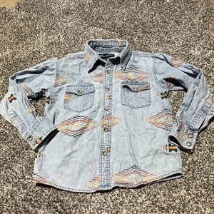 Girls youth Denim Wrangler Shirt Pearl Buttons Aztec Western M 7 8 Medium Note! - Picture 1 of 9