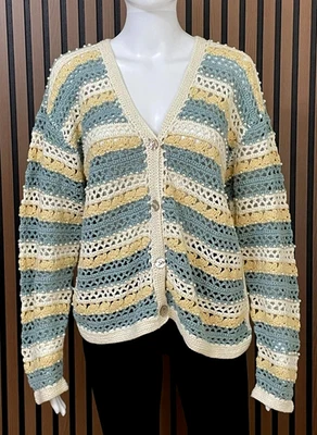 Cárdigan suéter tejido a mano Marisa Christina para mujer L azul con cuentas costero años 90 Foto 1 de 4
