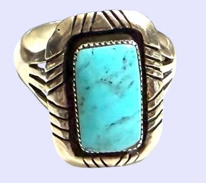Vtg Running Bear Navajo Sterling Silver Turquoise Ring Large Size 12 Nice! - Picture 1 of 6