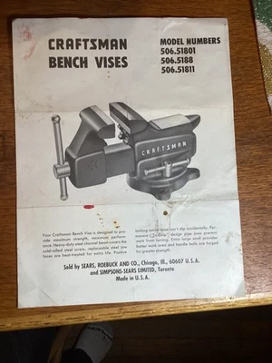 Vtg Sears Craftsman Bench Vise 506.51801, 506.5188, 506.51811  Manual Parts List - Image 1 of 2