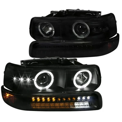 Fit 1999-2002 Silverado Suburban Black Smoke Projector Headlights+LED Bumper - Image 1 of 4