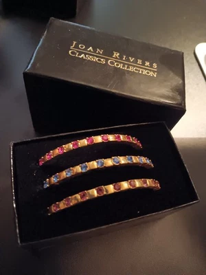 Joan Rivers Classics Cuff Bracelets Set of 3 Pink, Purple, Blue Stones Gold Tone - Image 1 of 3