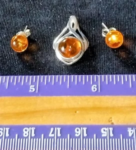 925 STERLING SILVER BALTIC AMBER PENDANT & STUD EARRINGS SET FREE CHAIN/GIFTBOX - Picture 1 of 12