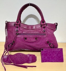 AUTH BALENCIAGA The First 2way Shoulder Bag Purple Leather Handbag w/ Mirror - Picture 1 of 15