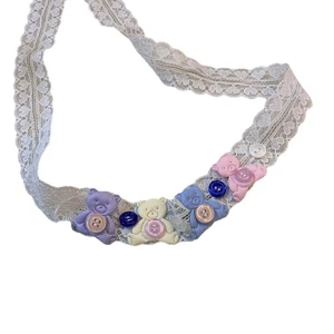 Lace Tied Collar Necklace Elegant Cute Choker Sweet Button Bear Necklaces - Picture 1 of 8