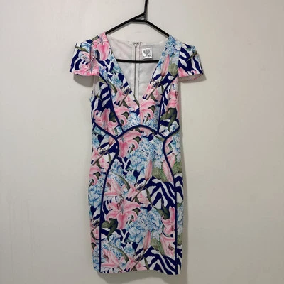 Angel Biba Women’s Dress 10blue & Pink Floral Cap Sleeve - image 1 of 4