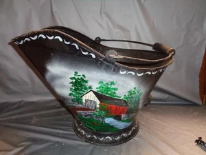 Cubo de ceniza vintage de granja pintado a mano firmado puente cubierto - Imagen 1 de 7