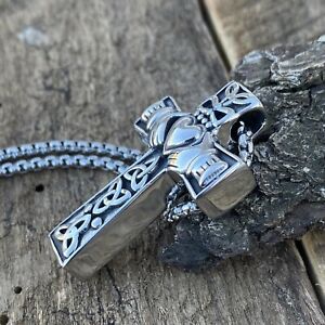 MOYON Stainless Steel Irish Celtic Trinity Knot Claddagh Cross Pendant Necklace