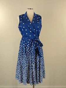 Nuevo Vestido Anne Klein 10 Azul Acampanado Lunares Cinturón Carrera Cóctel Sin Mangas - Imagen 1 de 4