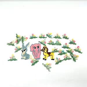 Vintage Konvolut bestickte Applikationen Blumen rosa Elefant blau Hase Pferd - Bild 1 von 4