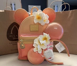 Disney Aulani Resort Peach Paradise Plumeria Loungefly Mochila y Orejas Conjunto Nuevo con Etiquetas - Imagen 1 de 14