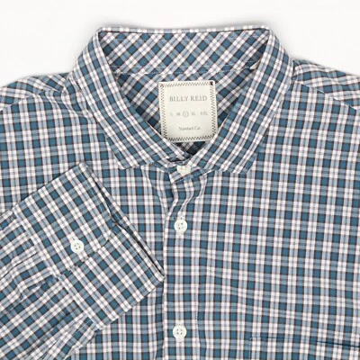 Camisa Billy Reid Para Hombre L 16.5/35 Azul-Verde Blanco Cuadros Abotonada Cuello Extendido Foto 1 de 4