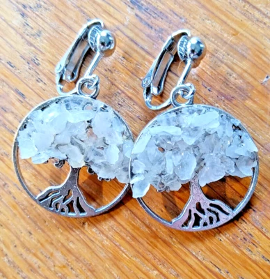 Silverplated TREE OF LIFE & real Quartz Crystal Chips, Clip On Dangle Earrings - Image 1 of 4