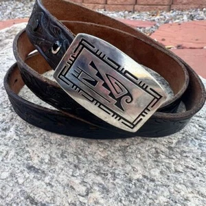 Vintage Western Leather Belt with Hopi Native American Silver Buckle Signed - Picture 1 of 10