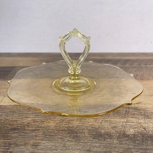 LANCASTER Center Handle Tray Landrum Topaz Yellow Tidbit 11" Glass 1930's - Picture 1 of 10