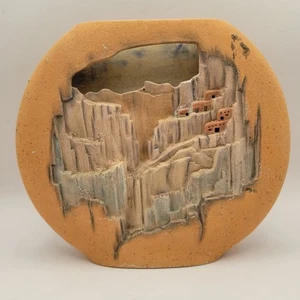 Vintage 90s Southwest 3D Skinny Vase Hand Painted Cliff Dwellers 8x9x1 in - Picture 1 of 7