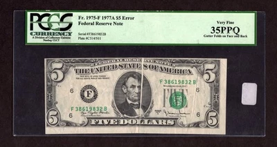 Billete de 5 dólares de la Reserva Federal 1977A FR. Error de plegado de canal 1975-F - PCGS 35 PPQ Foto 1 de 2