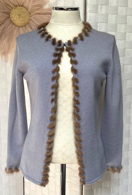 Doncaster Wool Cashmere Lavender Blue Fur Trim Hook Cardigan Sweater Size XS FXK - Image 1 of 4