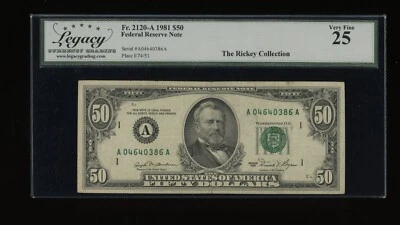 DBR 1981 $50 FRN Boston Fr. 2120-A Legacy 25 Serial A04640386A - Image 1 of 2
