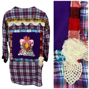 Flannel Shirt Womens XL Chicken Purple Country Fair Camp Upcycle Grunge Shacket - Picture 1 of 12