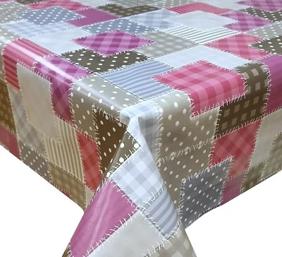 PVC TABLE CLOTH STITCHED PATCHES PURPLE LILAC PINK GREY GINGHAM POLKA WIPE ABLE - Image 1 of 2