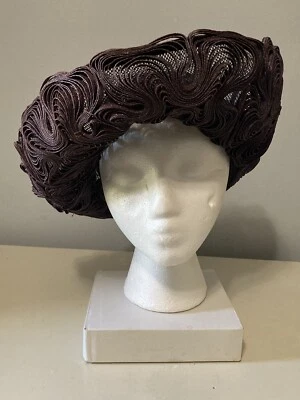 Vintage Styled by Coralie Purple Brim Hat Black Lining Intricate Swirled Ribbon - Image 1 of 4