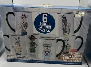 Hipster Tier Kaffeetassen 6-teiliges Set 17,5 Unzen Steinzeug - NEU offene Box - Bild 1 von 5